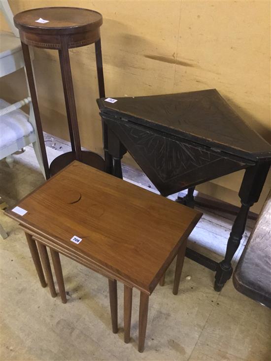 Oak drop leaf square table, nest of tables and a plant stand